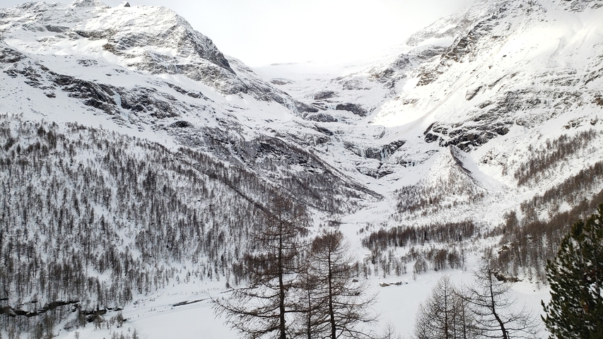Snow-covered mountain landscape with trees and valleys.