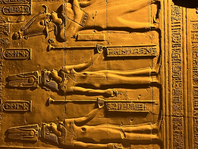 Illuminated ancient Egyptian carvings on a wall.