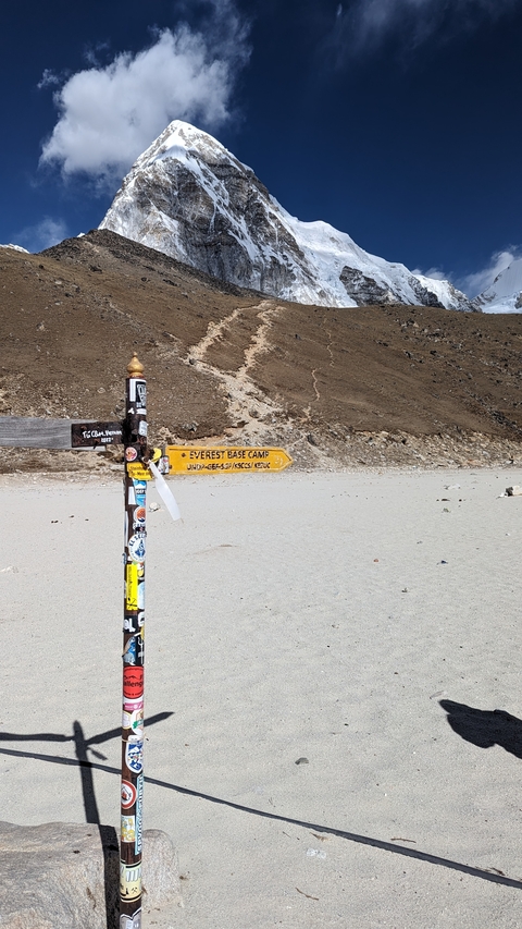 Everest Base Camp sign with rocky terrain