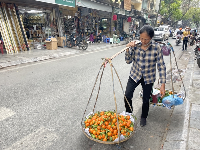       Person carrying baskets of fruits on a pole.
  