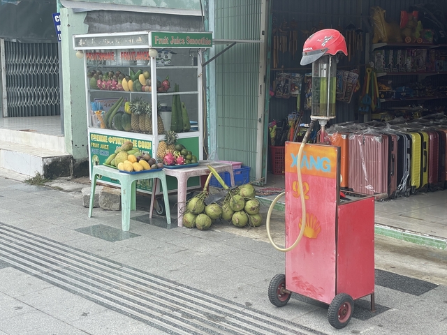       Street-side fruit stand with coconuts and tropical fruits.
  