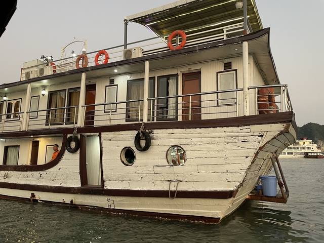       Close-up of a river cruise boat.
  