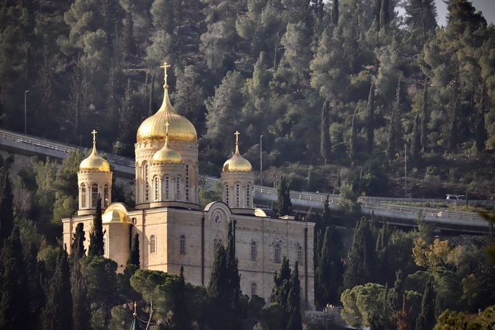       Church with golden domes surrounded by lush greenery.
  