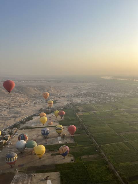       Hot air balloons floating over green fields.
  