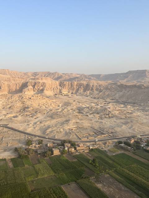       Aerial view of desert landscape with mountains and greenery.
  