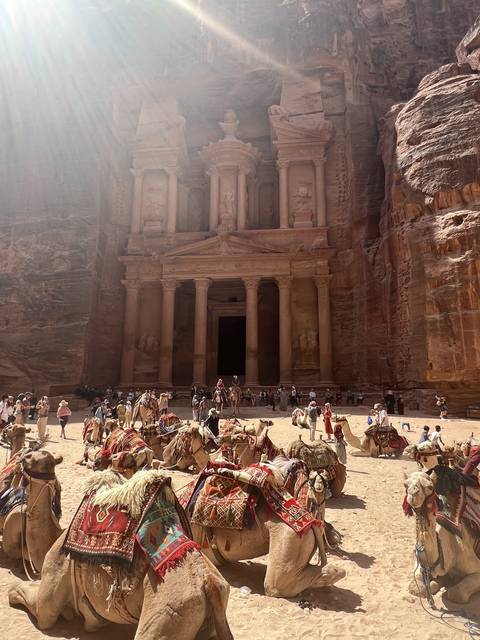       Petra with camels and tourists in front of ancient rock structures.
  