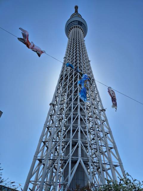       Tall tower with carp streamers in the foreground.
  