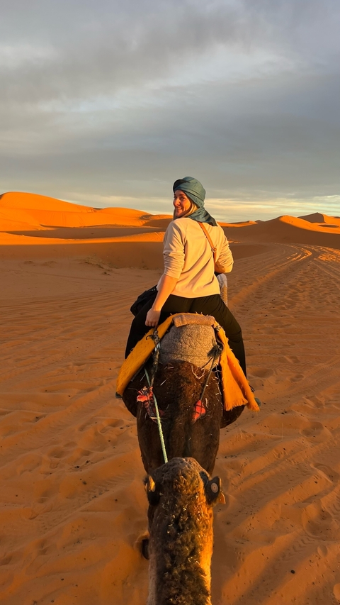 Person riding a camel in the desert.
