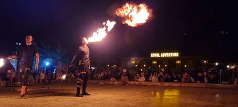 Fire performance at night with audience in the background.