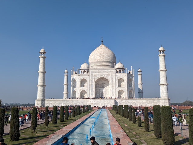 Taj Mahal in Agra with visitors in the foreground.