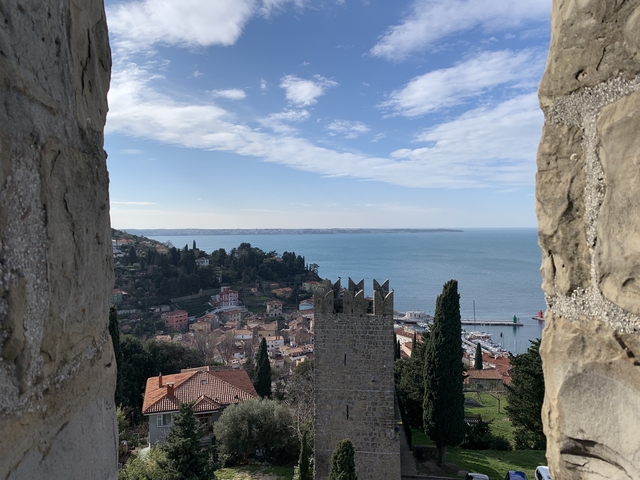       Coastal view with sea and old town buildings.
  