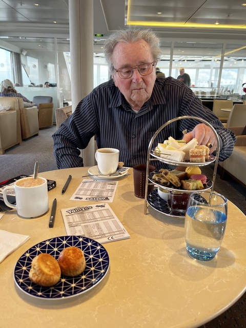 Afternoon tea with sandwiches and a game of Yahtzee.