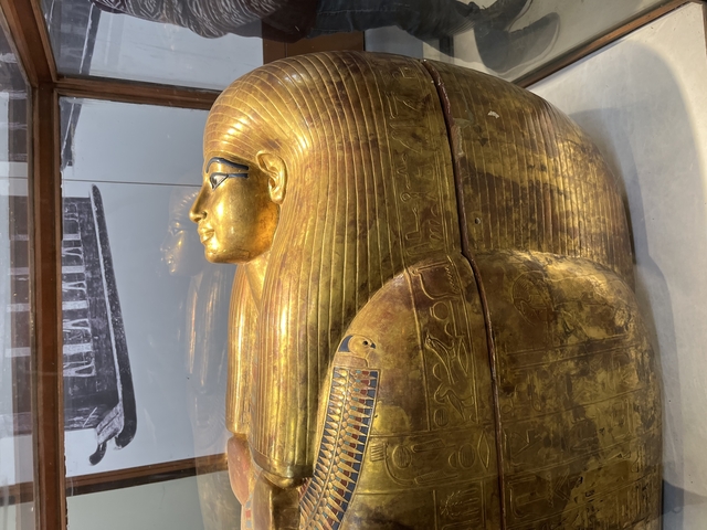 Golden sarcophagus in a museum display.