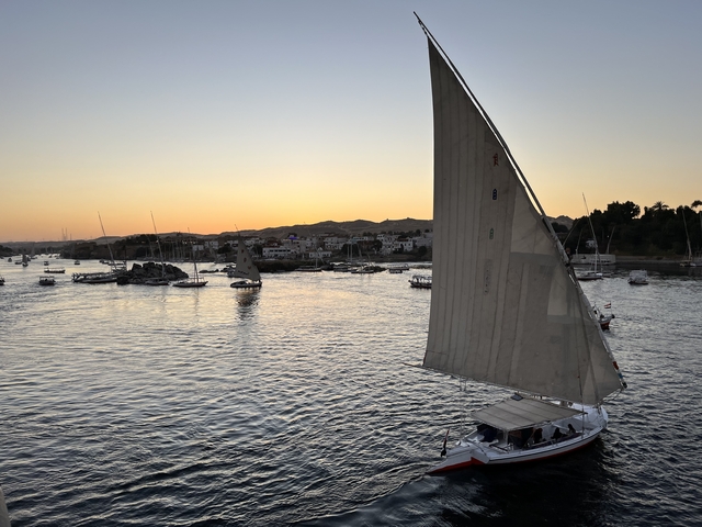 Sailboats on a river at sunset.