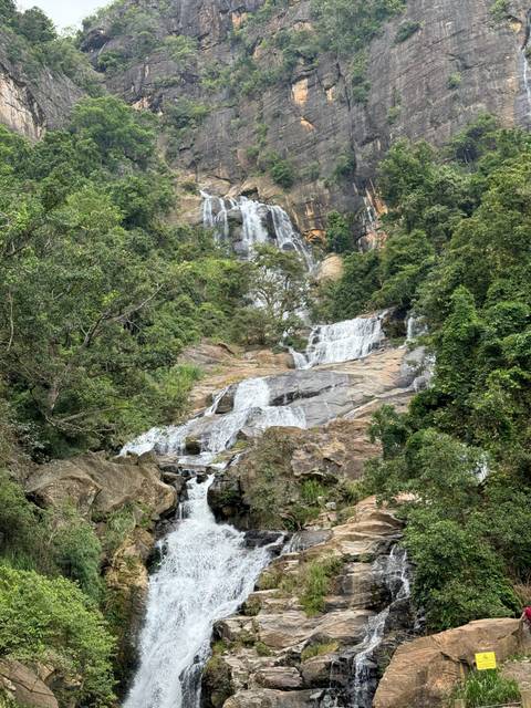 Waterfall cascading down a rocky cliff with surrounding greenery.