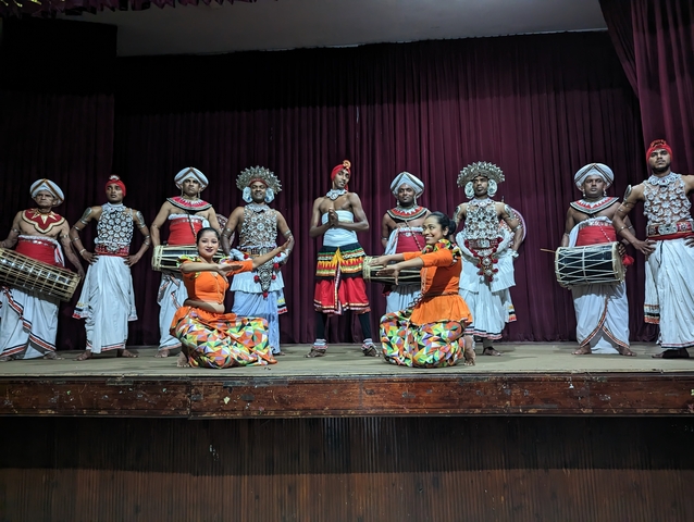       Group of performers in traditional attire on stage.
  