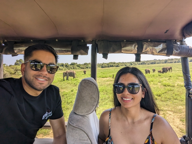       Two people in a safari vehicle with elephants in the distance.
  