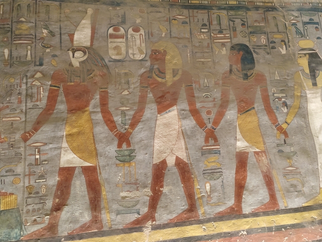 Colorful ancient Egyptian wall paintings.