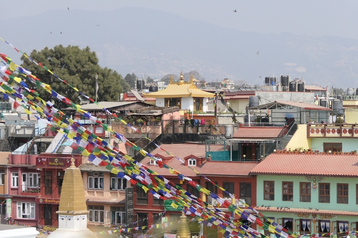       View of colorful buildings with Tibetan prayer flags.
  