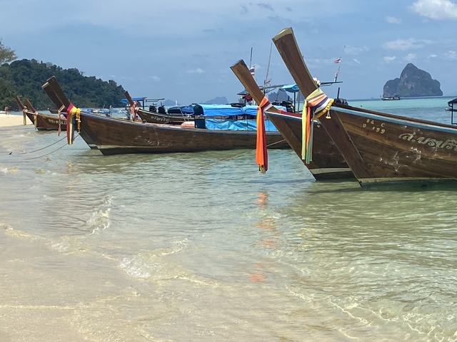       Traditional long-tail boats moored along a sandy shore.
  