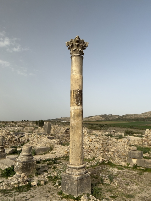 An ancient Roman pillar standing in a field with distant hills.
