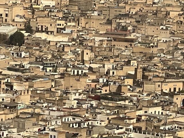 Dense cityscape of tightly packed buildings.