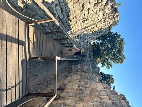 Pathway through ancient ruins with people walking.