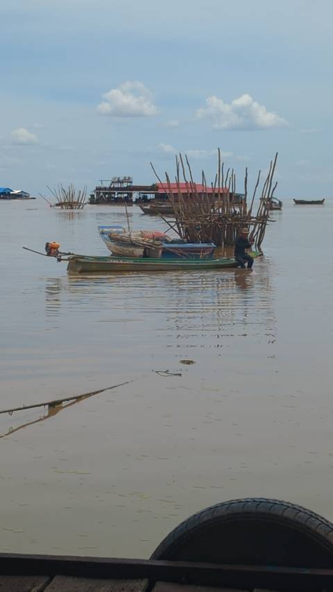 A floating village on a lake.