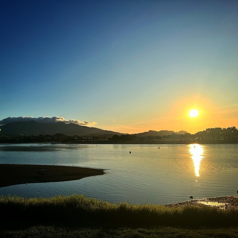 A serene sunrise view over a calm body of water.