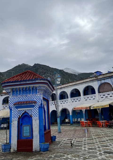 Colorful blue and white buildings with mountains in the background.
