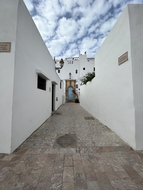       White walls and a blue door in a narrow street.
  