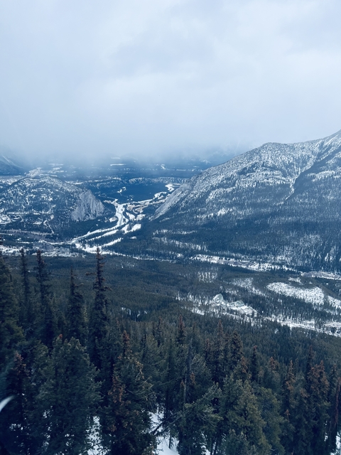       Aerial view of a snowy valley and mountains.
  