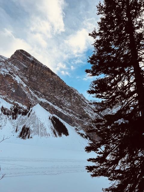       Snow-covered mountains with clear skies.
  