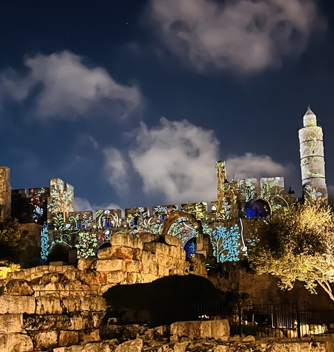 Night view of illuminated historical building.