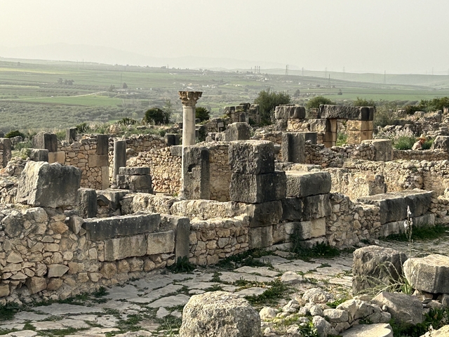       Ruins of an ancient city with stone walls and columns.
  
