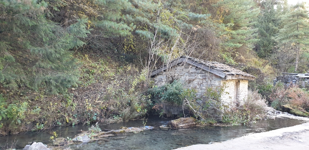 Small stone building next to a stream in a forest setting.
