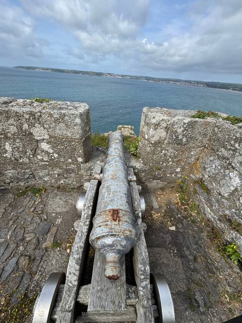 Historic cannon pointing towards the sea.