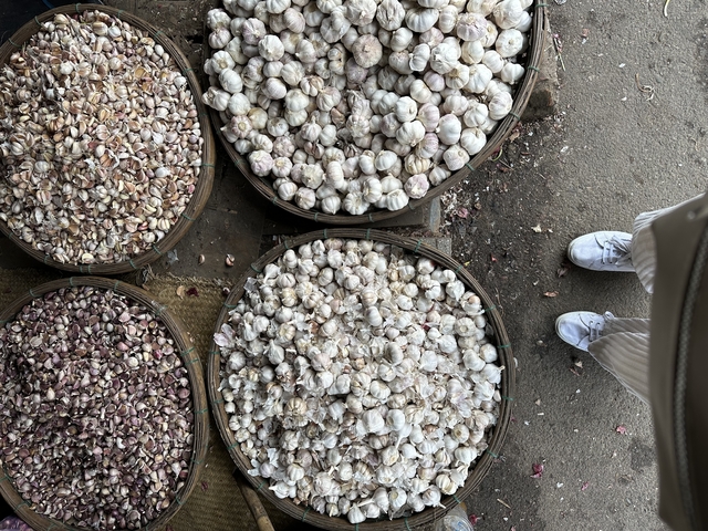 Baskets filled with garlic and shallots on display.