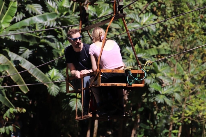 Two people on a zip line among dense foliage.