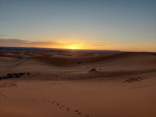 Sunset over expansive sand dunes.