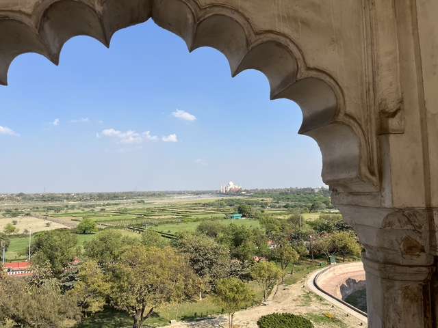 View of distant mausoleum surrounded by greenery.