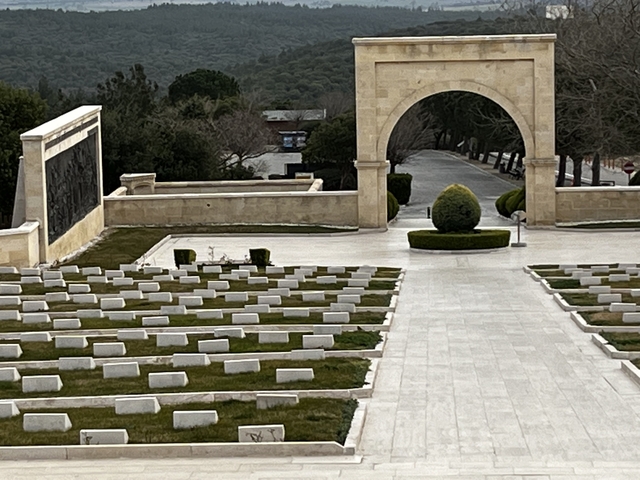 Organized rows of gravestones in a serene cemetery with trees.