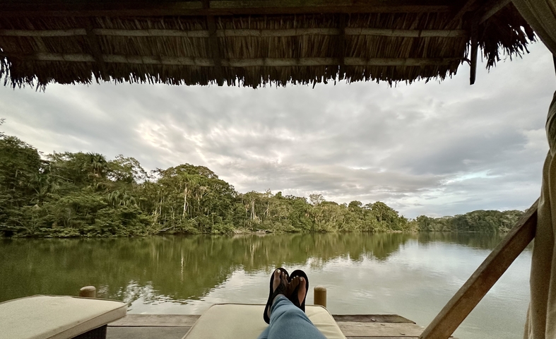 Relaxing riverside view with a canopy and lush forest in the background.