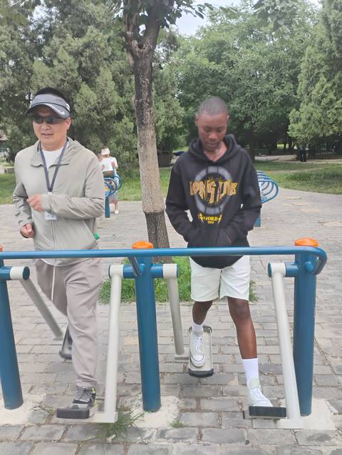       Outdoor park with exercise equipment and people.
  