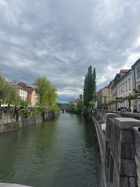 Cityscape view with a river and buildings under a cloudy sky.