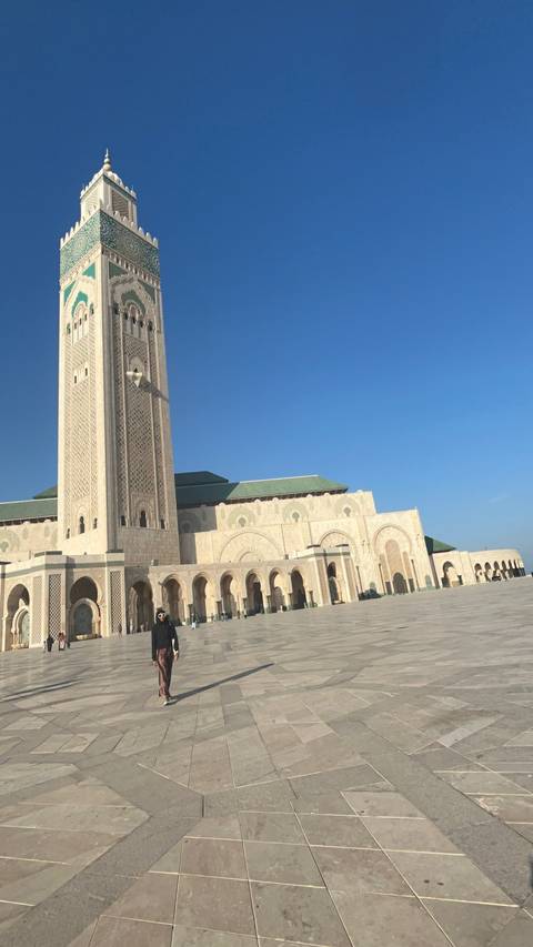       A person walking in a large open square with a towering mosque.
  