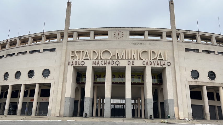 Front view of a large municipal stadium.