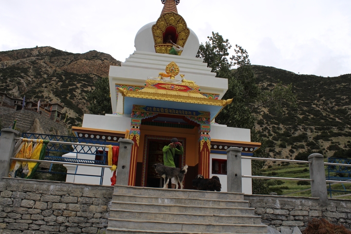 Colorful stupa in a mountainous region with braided ropes.