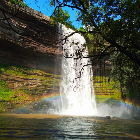       Waterfall cascading over a cliff with a rainbow visible.
  