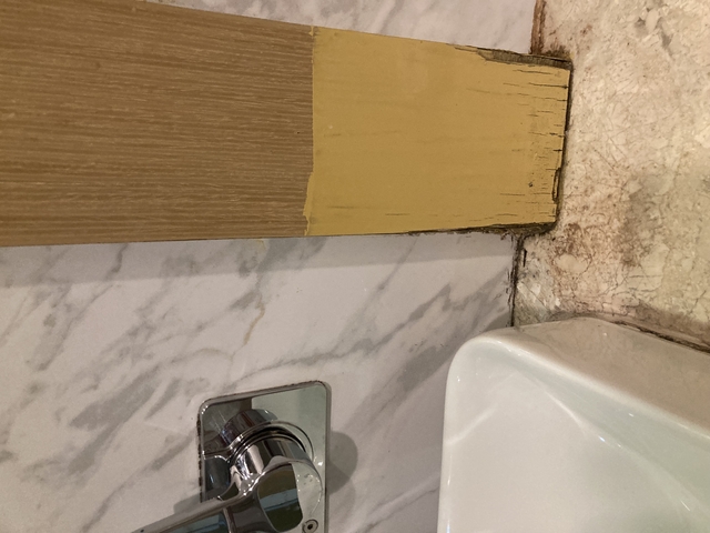       Close-up of a bathroom corner with tiles and fixtures.
  